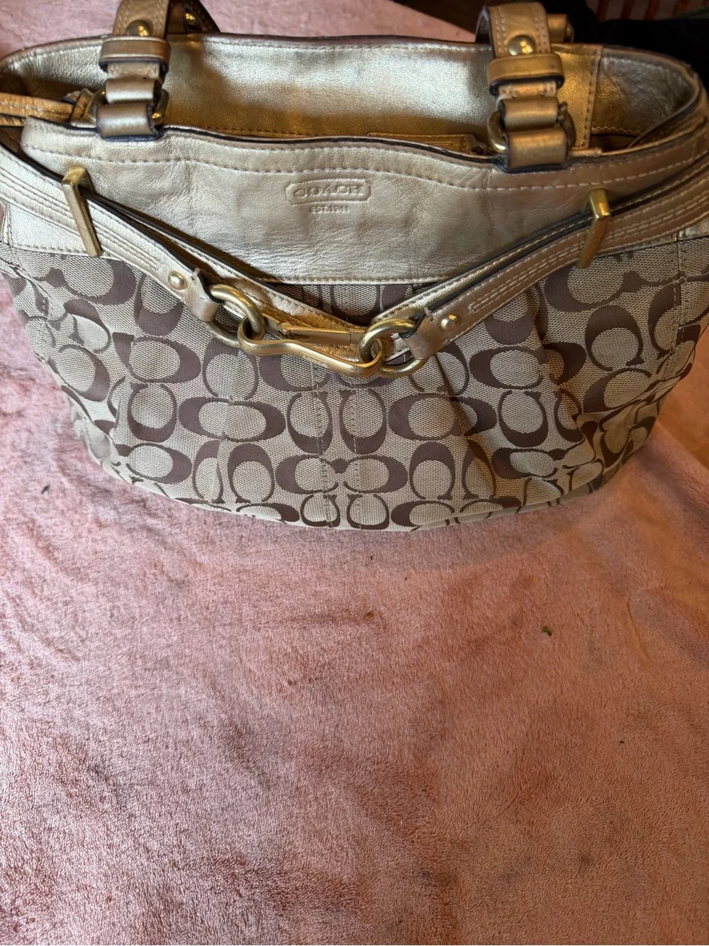 Coach Brown Signature Canvas Shoulder Bag with Metallic Trim